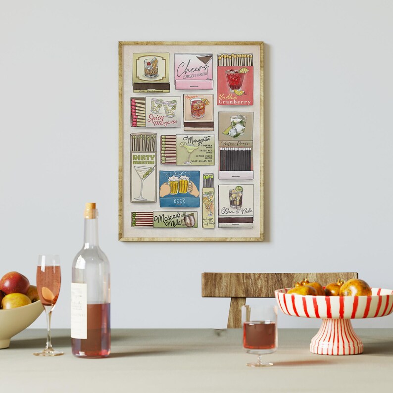Matchbook Art Cocktail Poster: Cocktail Lover Gift Painted Watercolor Wall Decor, Digital Download image 7