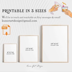 May include: Three framed prints in different sizes: 8"x10" (20x25 cm), 12"x16" (30x40 cm), and 18"x24" (45x60 cm). The text "PRINTABLE IN 3 SIZES" is at the top, with contact information below. A PNG download icon is in the upper left corner.