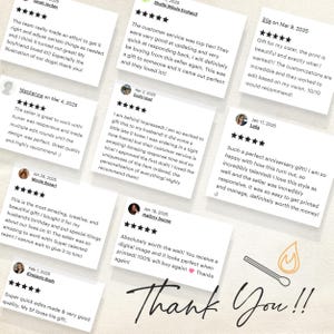 May include: A collection of customer reviews on white cards with black text, arranged at angles. The reviews feature five-star ratings and positive comments. A handwritten "Thank You!!" and a matchstick graphic are at the bottom.
