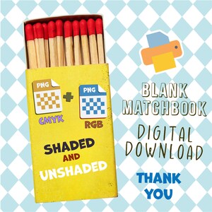 K&ouml;nnte beinhalten: Ein gelbes Streichholzschachtel mit einem rot-wei&szlig; karierten Muster auf der Vorderseite. Die Streichholzschachtel sagt "BLANK MATCHBOOK DIGITAL DOWNLOAD THANK YOU" und "SHADED AND UNSHADED". Die Streichholzschachtel enth&auml;lt auch zwei Symbole mit einem karierten Muster, eines mit der Bezeichnung "CMYK" und das andere mit der Bezeichnung "RGB".