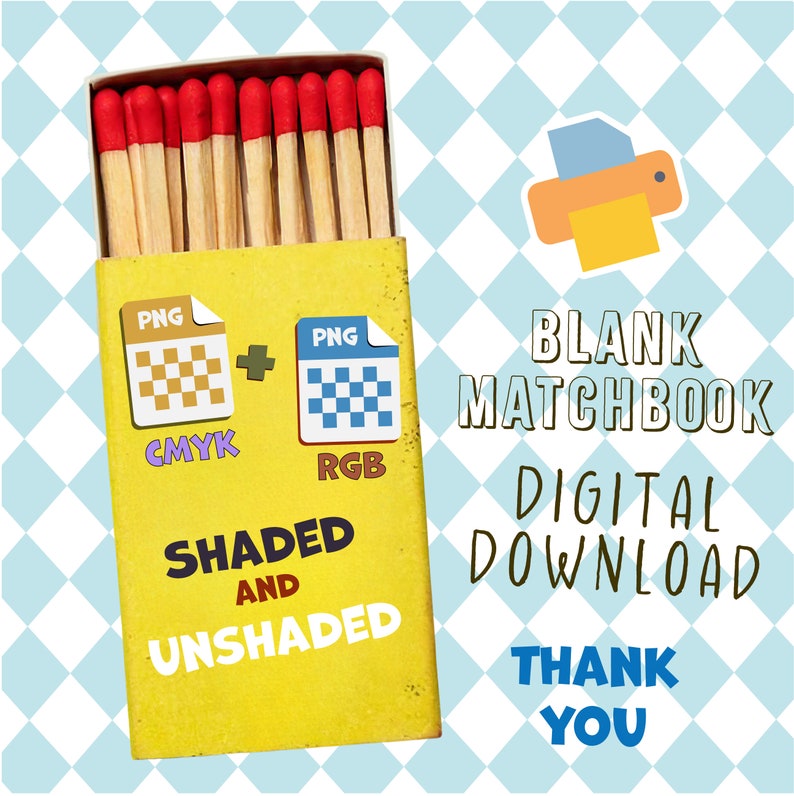 K&ouml;nnte beinhalten: Ein gelbes Streichholzschachtel mit einem rot-wei&szlig; karierten Muster auf der Vorderseite. Die Streichholzschachtel sagt "BLANK MATCHBOOK DIGITAL DOWNLOAD THANK YOU" und "SHADED AND UNSHADED". Die Streichholzschachtel enth&auml;lt auch zwei Symbole mit einem karierten Muster, eines mit der Bezeichnung "CMYK" und das andere mit der Bezeichnung "RGB".