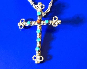 Turquoise, Coral, and Sterling Silver Cross