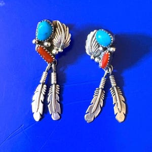 Navajo Turquoise Coral Dangle Earrings