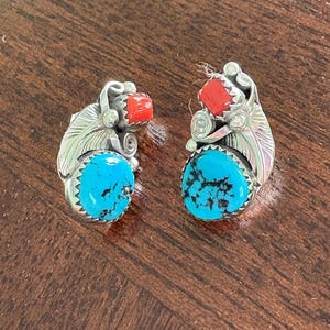 Turquoise Coral Silver Navajo Earrings