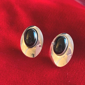 Onyx Oval and Sterling Silver Post Earrings