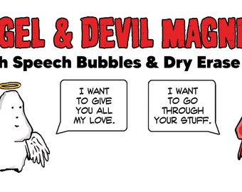 Angel & Devil Vinyl Magnets with Speech Bubbles and Dry Erase Pen