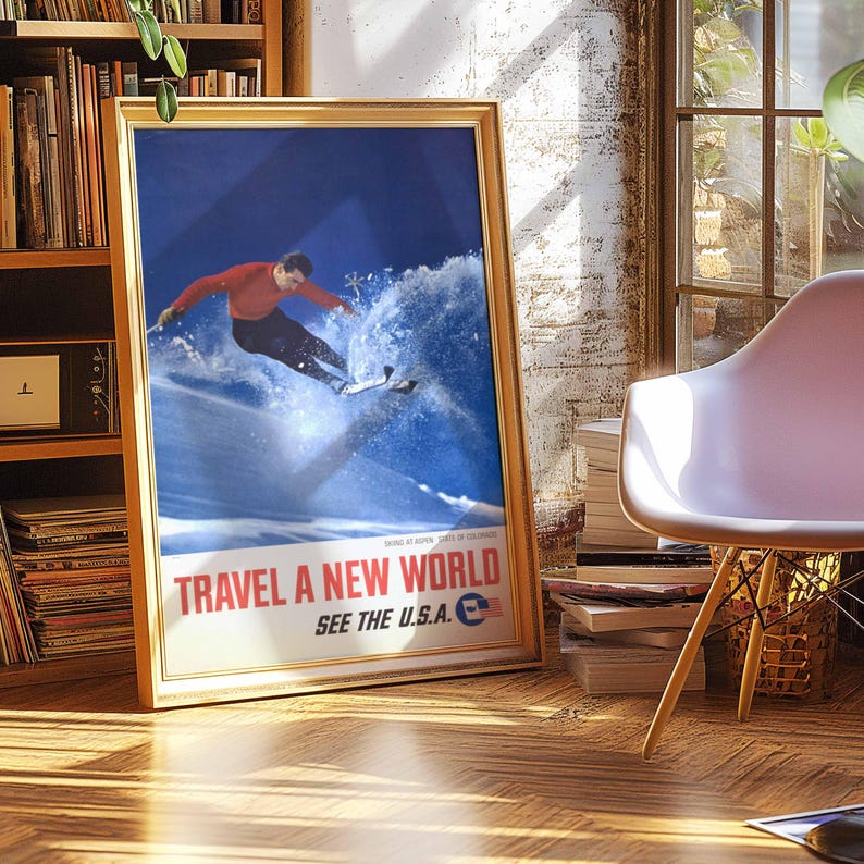Vintage Skiing Poster Travel A New World Retro Aspen Art Snow Sports