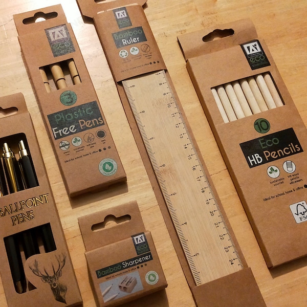 Eco Friendly Stationery, Eco Ball Pens, Eco Pencils, Bamboo 2 Hole Sharpener, Ballpoint pen, HB Pencils, Bamboo Ruler, Back To School
