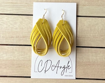 Yellow earrings, FauxLeather dangle earrings, leather twist earrings