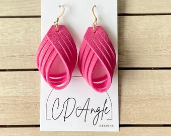 Pink earrings, leather earrings, sliced leather earrings, handmade earrings, lightweight earrings, leather twist earrings, dangle earrings