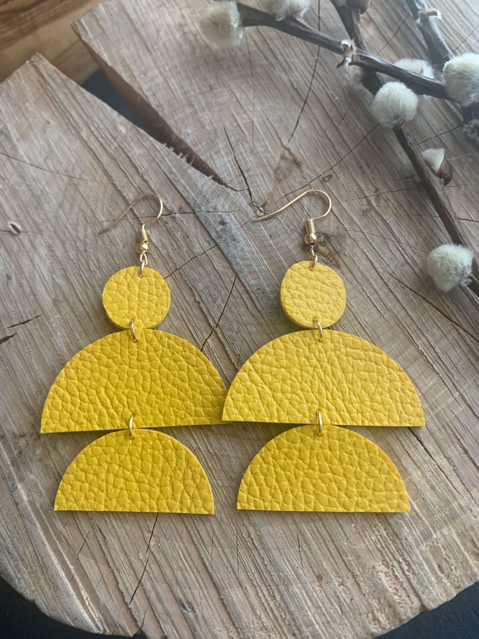 Mustard yellow half circle earrings leather earrings Etsy