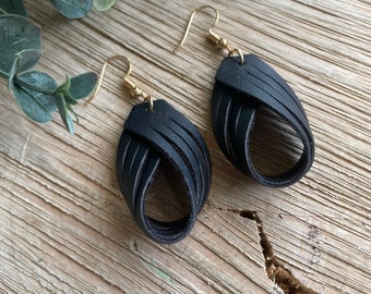 Leather twist earrings, black earrings