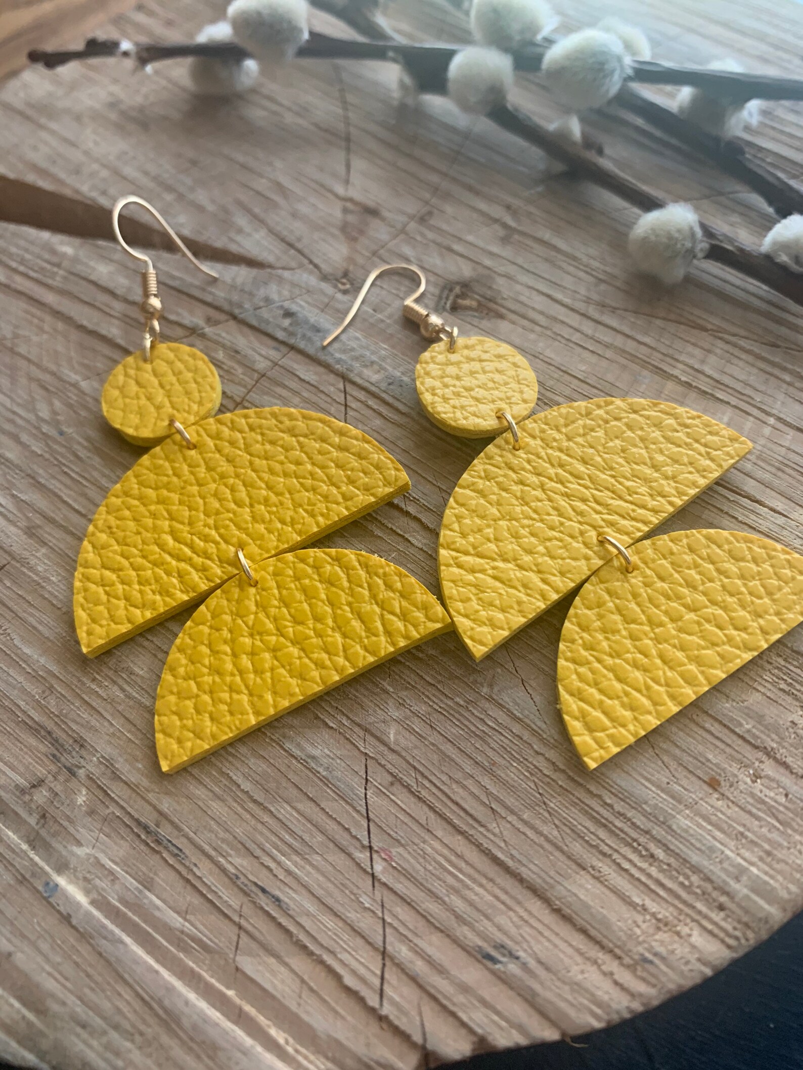 Mustard yellow half circle earrings leather earrings Etsy