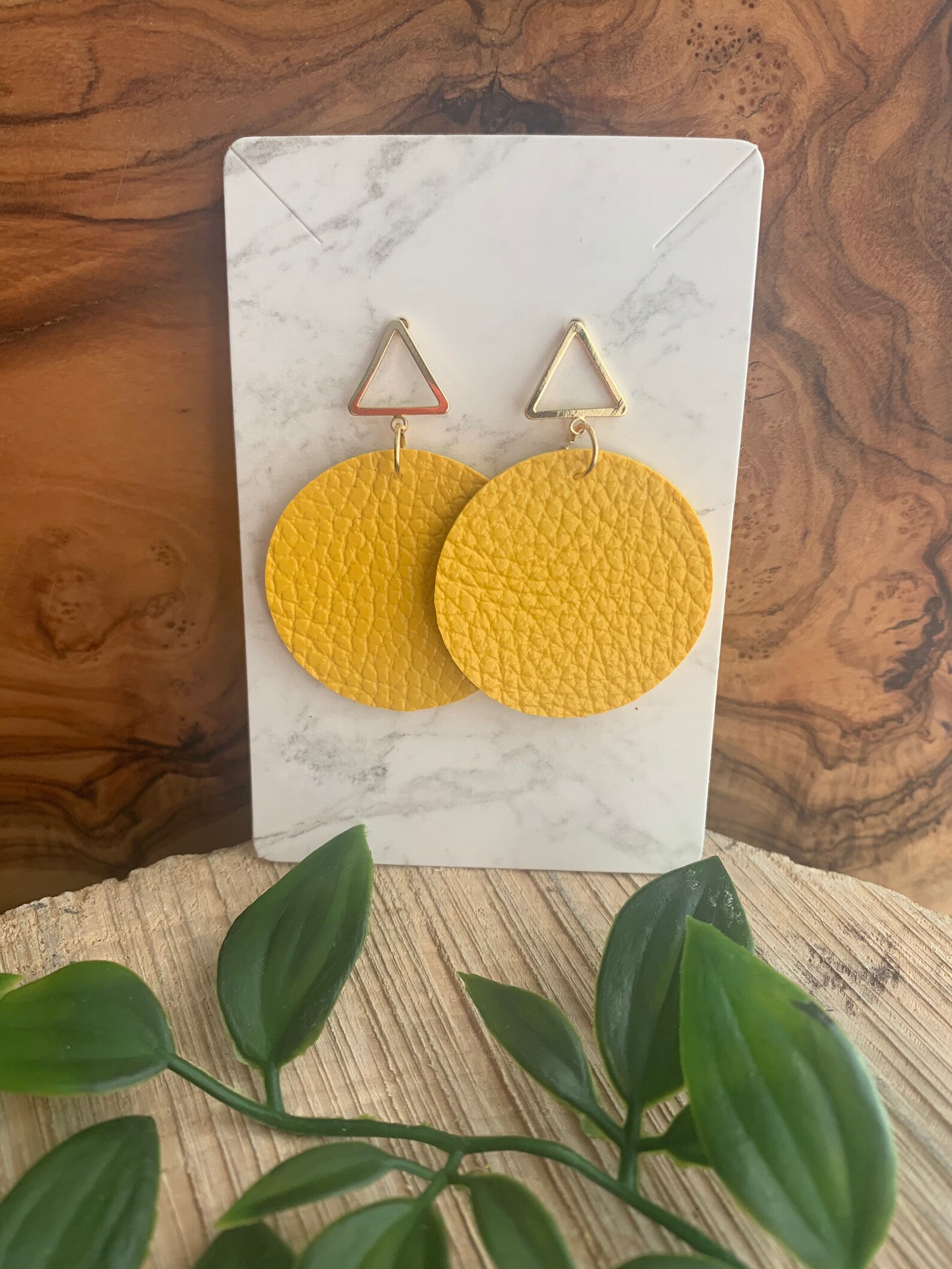Mustard yellow circle earrings dangle earrings leather Etsy