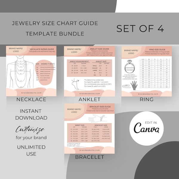 Necklace Size Chart Template Canva Editable Jewelry Size Guide Template Set Bundle Bracelet Size Chart Ring Size Chart Anklet Size Chart