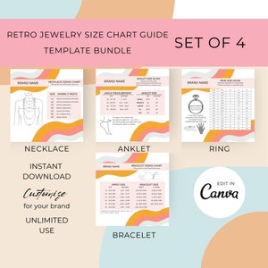 May include: Set of four printable jewelry size chart templates in a retro style with pink, orange, and blue colors. The charts include necklace, bracelet, ring, and anklet sizing guides. The text "Edit in Canva" is included on the ring chart.