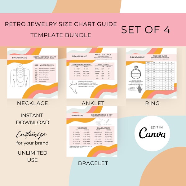 Retro Necklace Size Chart Template Canva Editable Jewelry Size Guide Template Set Bundle Bracelet Size Chart Ring Size Chart Anklet Size