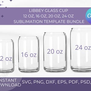 Puede incluir: Cuatro vasos de vidrio transparentes de diferentes tamaños, 12 oz, 16 oz, 20 oz y 24 oz. Los vasos están dispuestos del más pequeño al más grande. El texto "LIBBEY GLASS CUP" y "SUBLIMATION TEMPLATE BUNDLE" está en la parte superior de la imagen. El texto "Canva" está en la esquina superior derecha de la imagen.