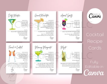 May include: Six printable cocktail recipe cards with colorful illustrations of cocktails. Each card features the name of the cocktail, a list of ingredients, and instructions. The cards are designed to be fully editable in Canva.