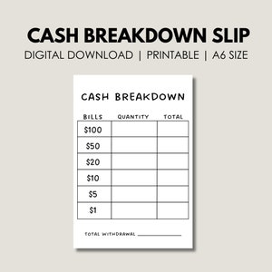Printable Cash Breakdown | Bank Teller Slips