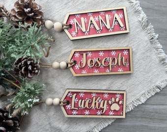 Personalized Christmas Stocking Tag, Stocking Tag with Beads, Country Christmas,  Wood White Red Stocking Tags,  Farmhouse Stocking Tags
