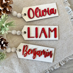 White Christmas Stocking Name Tags, Embroidered Name Tag with Wood Beads, Stocking Names, Embroidered Stocking, Farmhouse Christmas Stocking