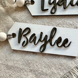 White Christmas Stocking Name Tags, Embroidered Name Tag with Wood Beads, Stocking Names, Embroidered Stocking, Farmhouse Christmas Stocking image 2