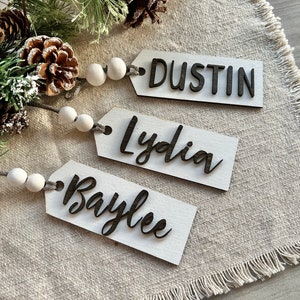 White Christmas Stocking Name Tags, Embroidered Name Tag with Wood Beads, Stocking Names, Embroidered Stocking, Farmhouse Christmas Stocking image 1