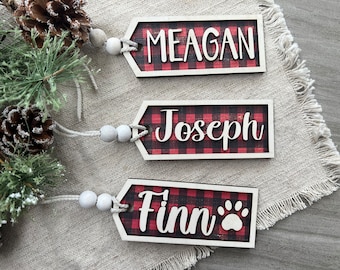 Personalized Christmas Stocking Tag, Stocking Tag with Beads, Country Christmas,  White Black Red Stocking Tags,  Farmhouse Stocking Tags