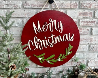 Frohe Weihnachten mit Mistelzweig, runder Weihnachtsaufhänger für Haustür, Holzweihnachtsschild, rotes Feiertagstürschild, Weihnachtsholzausschnitt