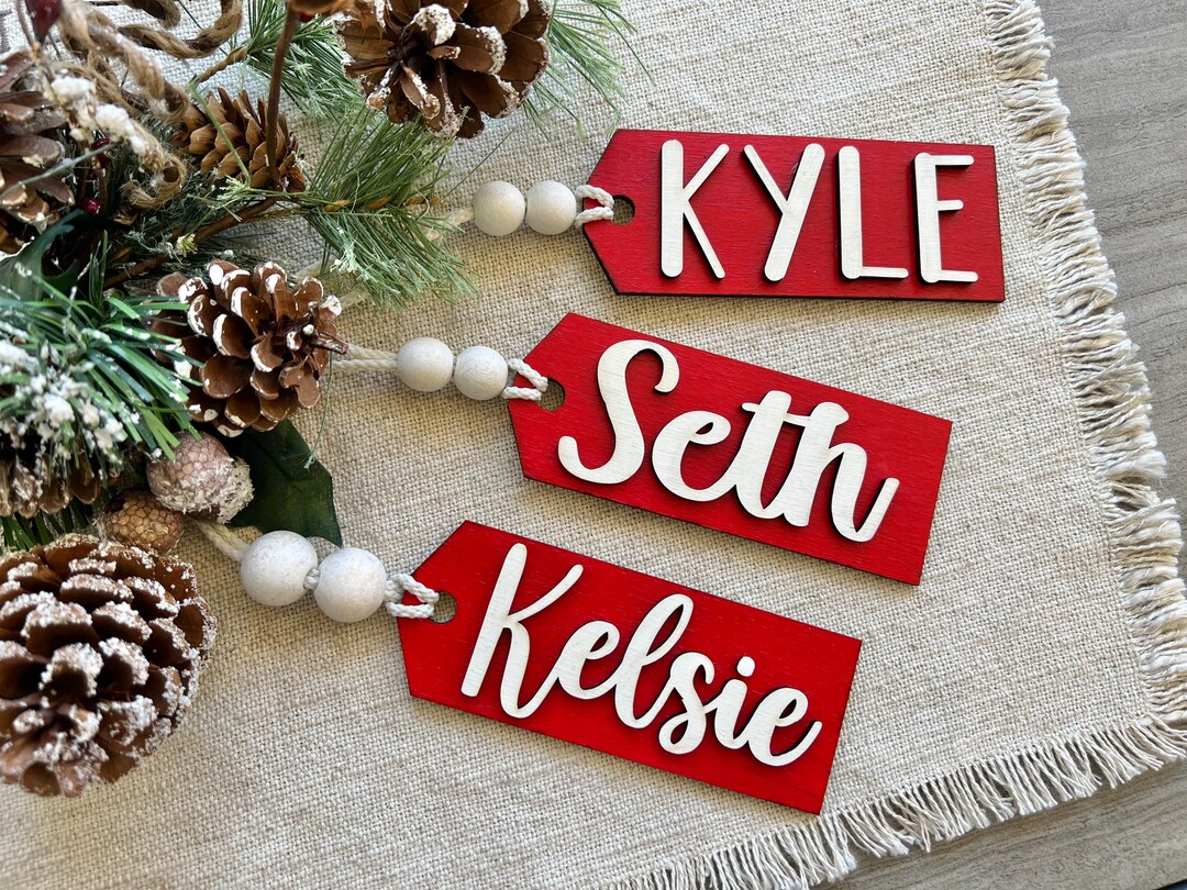 Red Christmas Stocking Name Tags, Embroidered Name Tag With Wood Beads, Stocking Names