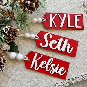 Red Christmas Stocking Name Tags, Embroidered Name Tag with Wood Beads, Stocking Names, Embroidered Stocking, Farmhouse Christmas Stockings