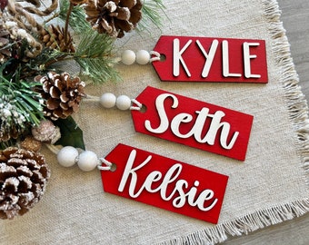 Red Christmas Stocking Name Tags, Embroidered Name Tag with Wood Beads, Stocking Names, Embroidered Stocking, Farmhouse Christmas Stockings