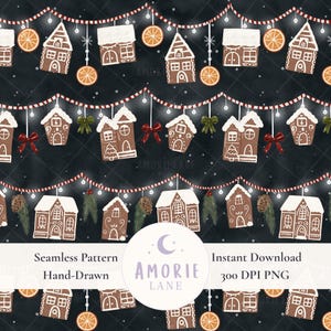 May include: A seamless pattern with hand-drawn gingerbread houses, orange slices, and fairy lights on a dark background. The design includes red bows, pinecones, and greenery, creating a festive holiday theme.