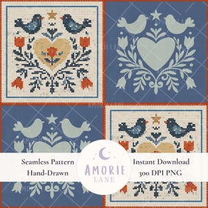 May include: A seamless pattern design featuring folk art motifs. The design includes birds, hearts, and floral elements in a cross-stitch style. The color palette consists of blue, orange, and cream. The text "Seamless Pattern", "Hand-Drawn", and "Instant Download" is also included.