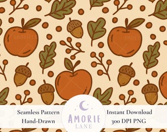 May include: A seamless, hand-drawn pattern featuring apples, acorns, leaves, and berries in shades of orange, brown, and green on a beige background. The design includes the text "AMORIE LANE" and "Instant Download 300 DPI PNG".