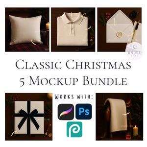 May include: A mockup bundle featuring five classic Christmas designs. Includes a cream pillow, polo shirt, envelope with wax seal, wrapped gift with a black bow, and a folded blanket. The text reads "CLASSIC CHRISTMAS 5 MOCKUP BUNDLE."