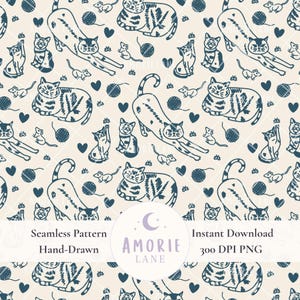 May include: Seamless pattern featuring hand-drawn cats, mice, hearts, and yarn balls in navy blue on a cream background. The design includes various cat poses, creating a playful and whimsical aesthetic. The text "Seamless Pattern" and "Instant Download" are also visible.