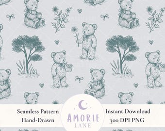 Teddy Bear Toile de Jouy Seamless Pattern | Baby Blue (Digital Download)