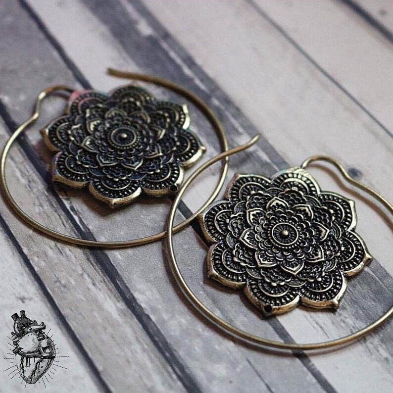 Brass Lotus Flower Mandala Hoops PAIR