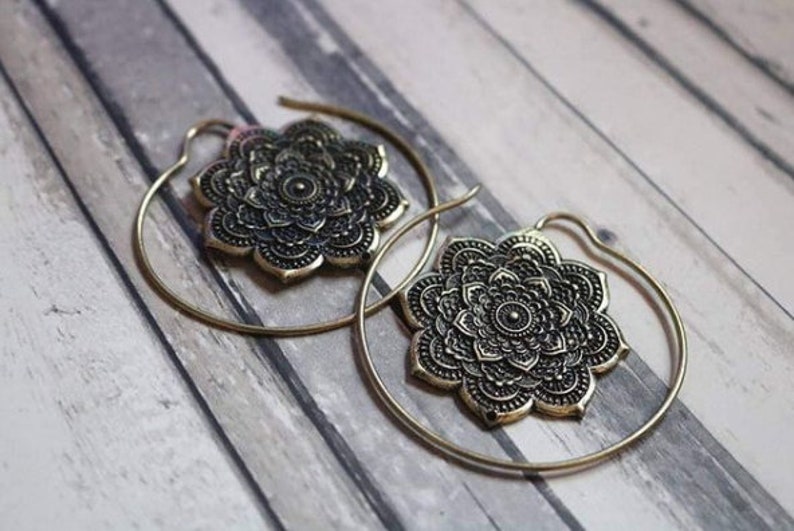 Brass Lotus Flower Mandala Hoops PAIR