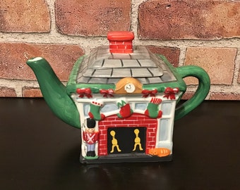Christmas Fireplace Ceramic Teapot Mesa Home Products Holiday