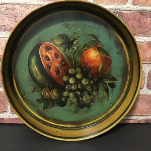 Metal Handpainted Fruit Toleware Round Tray 12 inches