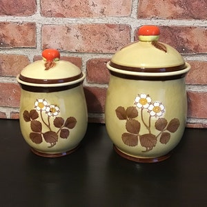Strawberry Canister Cookie Jar Vintage Mid Century Set of 2 Made in Japan