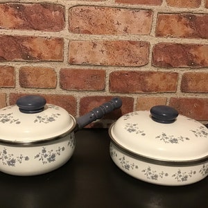 May include: Two white enamel saucepans with blue floral patterns and blue lids. The saucepans have wooden handles.