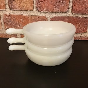 Glasbake Milk Glass Oven Microwave Safe Vintage Bowl with Handle #J2663 11 ounces
