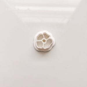 May include: White plastic flower cookie cutter with five petals and a center hole.