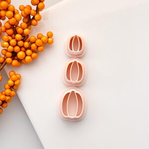 Puede incluir: Tres cortadores de galletas de calabaza de plástico rosa de diferentes tamaños. Los cortadores están apilados uno encima del otro.