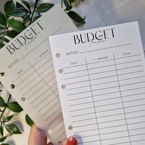 Może przedstawiać: Dwa wkłady do śledzenia budżetu ze słowem "BUDŻET" w stylowej czcionce. Wkłady mają linie do śledzenia wydatków, z sekcjami na miesiąc, datę i kwotę. Wkłady są trzymane w dłoni, z zielonymi liśćmi w tle.