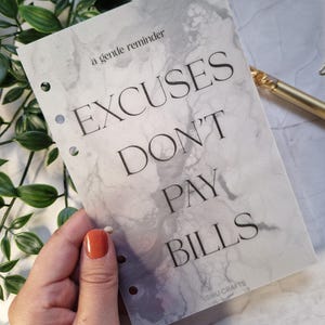 Motivational Vellum Dashboard for Budget Binder in A6: Excuses Don't Pay Bills